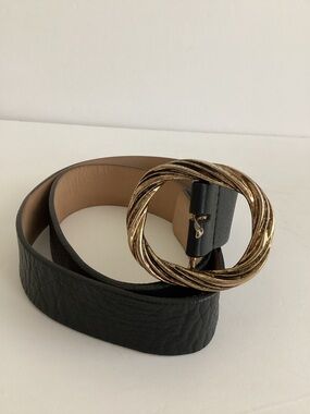 B-Low The Belt Black Leather Wide Waist Belt Twisted Gold Statement Buckle